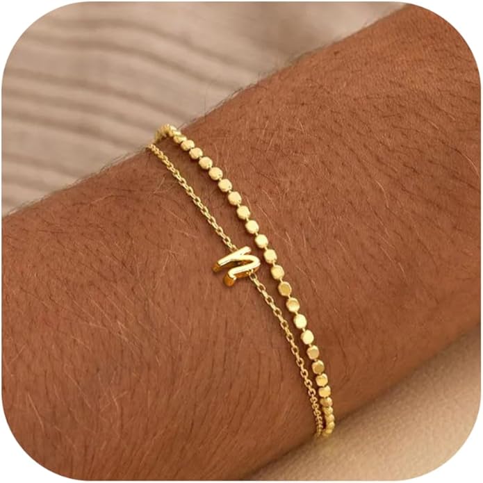 Initial Bracelets for Women, Dainty 14K Gold Plated Layered Letter Bracelet, Trendy Charm Stackable Jewelry Valentines Day Gift for Her