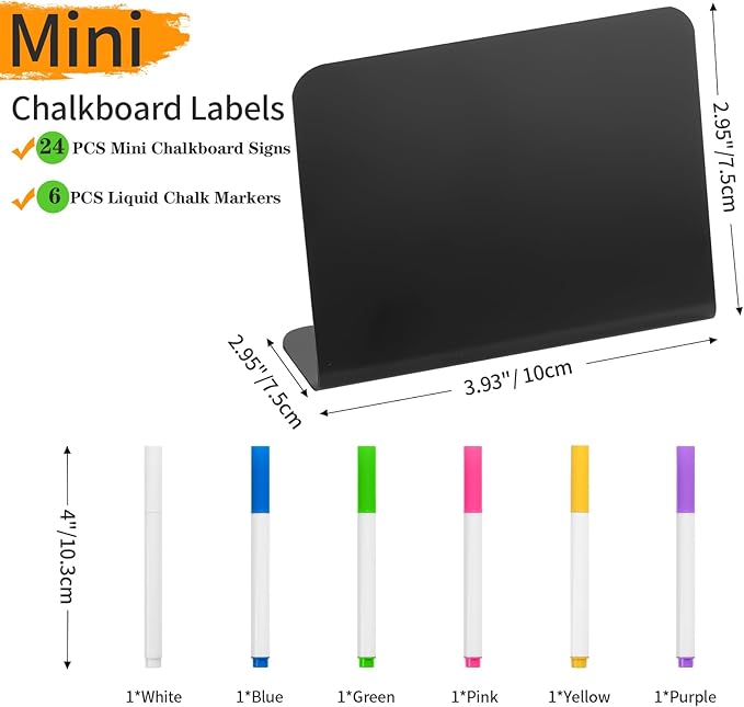 Herda 24 PCS Food Labels for Party Buffet 4"x3" Mini Chalkboard Signs for Birthday Bakery Place Cards Name Cards Food Tags for Wedding Table Signs Chalkboard Labels Includes 6 Wet Erase Markers