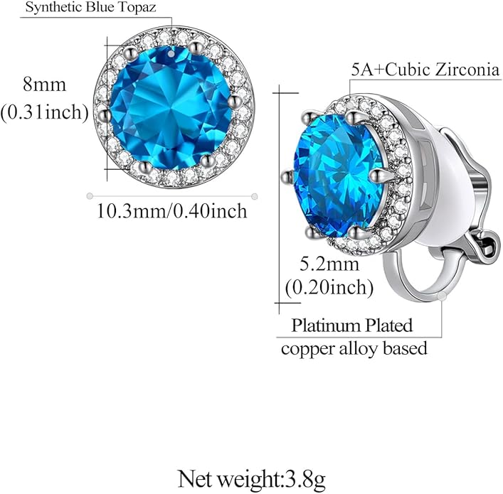 FindChic Sparkling Birthstone Clip On Earrings for Women, Silver Plated Stud Earrings 8MM Cubic Zirconia Non Pierced Studs, 12 Months Birthday Jewelry Gift