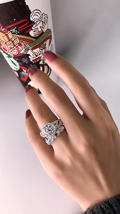 Jeulia 4 Carat Openwork Ring Sets for Women 925 Sterling Silver Wedding Sets Rose Gold Round Cut Halo Engagement Ring White Diamond band CZ Solitaire Anniversary Promise Rings