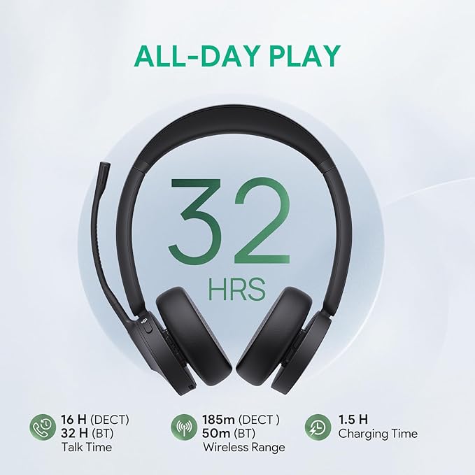 Yealink WH64 DECT & Bluetooth Dual Teams Wireless Headset, 606 ft Range On Ear Work Headphones with 3X Noise Cancelling Mic, 32H Talk Time, Ringer, Office Headsets for Desk IP Phone, PC,Cellphone