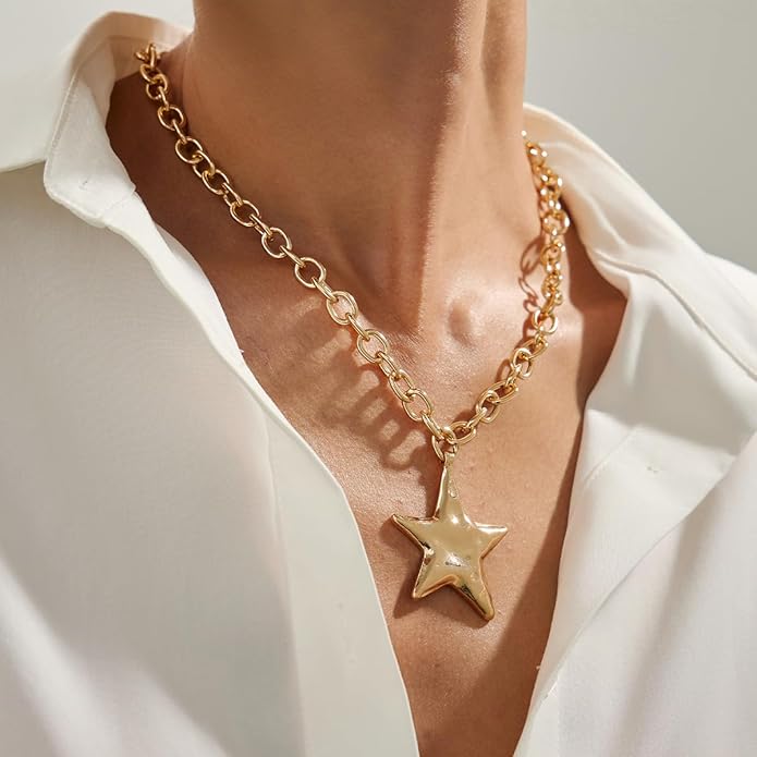 Large Star Necklace Chunky Gold Necklace for Women Trendy Silver Big Statement Necklaces Bold Thick Paperclip Necklaces OT Toggle Chunky Jewelry Holiday Christmas Jewelry Gifts Stocking Stuffers