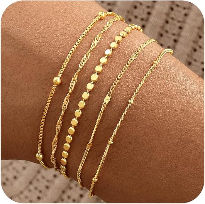 Gold Bracelets for Women, 14K Gold Plated Stackable Bracelet Stack Set Adjustable Charm Paperclip Chain Snake Link Layered Waterproof Jewelry Sets Gifts