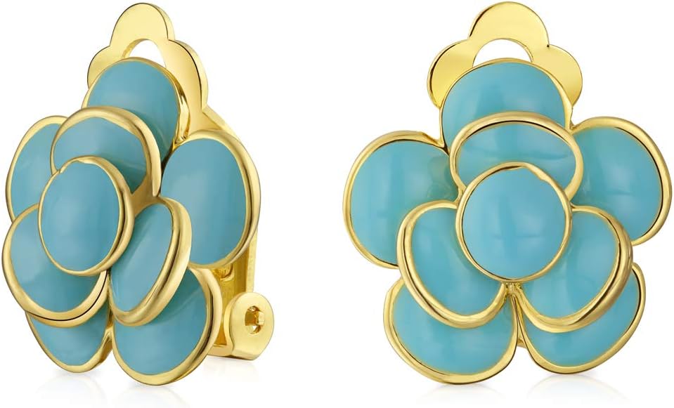 Pink Red Enamel Flower Crystal Edge Spring Retro Floral Rose Clip On Earrings For Women Non Pierced Ears 14K Gold Plated