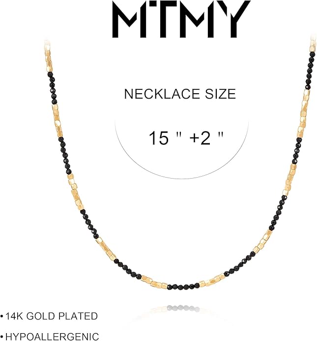 MTMY Beaded Gemstone Choker Necklace for Women, 14K Gold Plated Boho Colorful Natural Stone Bead Chain Necklace Summer Beach Handmade Jewelry