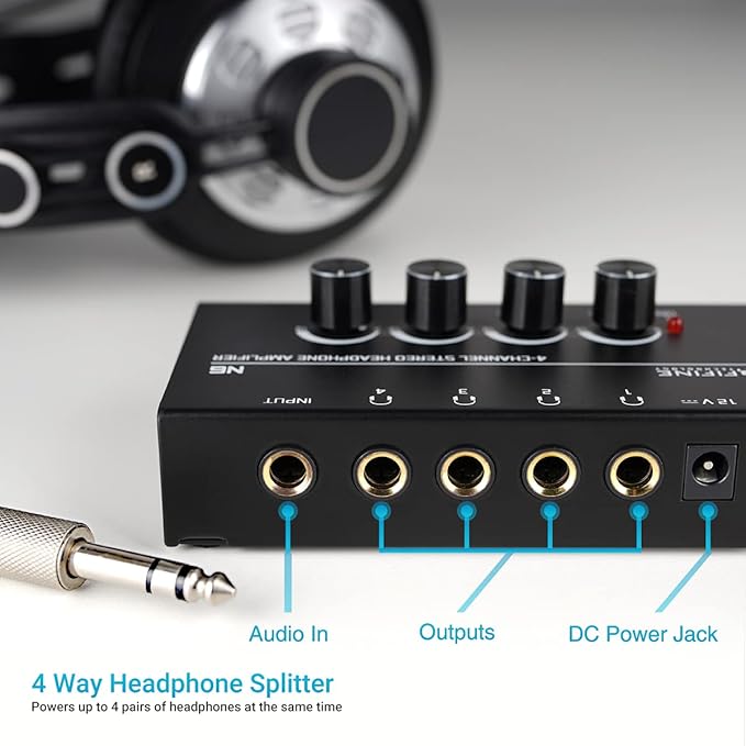 Fifine Headphone Amplifier 4 Channels Metal Stereo Audio Amplifier,Mini Earphone Splitter with Power Adapter-4x Quarter Inch Balanced TRS Headphones Output and TRS Audio Input for Sound Mixer-N6