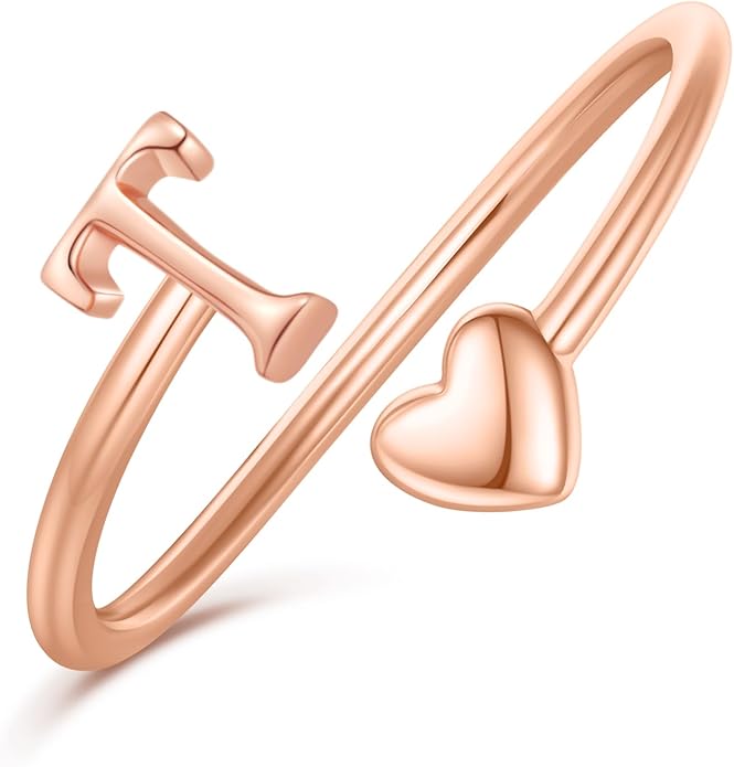 Initial Rings for Women Girls - Valentines Day Gifts for Her, Adjustable Rings for Women Non Tarnish Letter A-Z Dainty Heart Ring Teen Girls Gifts Trendy Stuff Personalized Jewelry Gift