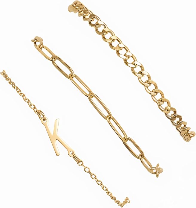 14K Gold Plated Bracelets for Women, A–Z Initial Charm Bangles Jewelry Set, Elegant Gold Accessories, Friendship Bracelet Gifts for Mom