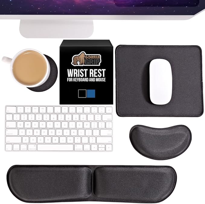 GORILLA GRIP Silky Memory Foam Keyboard Wrist Rest and Mouse Pad for Computer, Ergonomic Design Typing Support, Desk Office Supplies, Hand & Arm Mousepad Cushion and Coaster, 4 Piece Set, Black