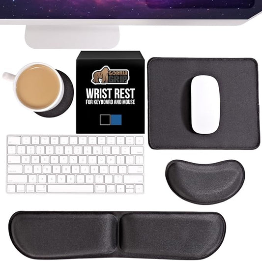 GORILLA GRIP Silky Memory Foam Keyboard Wrist Rest and Mouse Pad for Computer, Ergonomic Design Typing Support, Desk Office Supplies, Hand & Arm Mousepad Cushion and Coaster, 4 Piece Set, Black