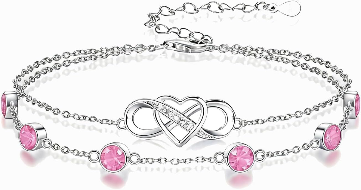 Prismata Infinity Birthstone Charm Link Bracelet 925 Sterling Silver Adjustable 12 Months Birthstone Infinity Bracelet Birthday Jewelry Gifts for Women Mom Her,with 7"+2" chain