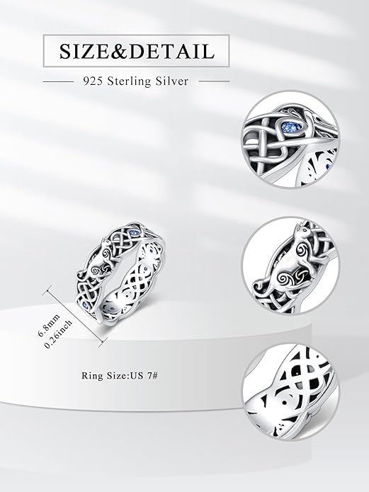 Seiyang Celtic Cat Ring 925 Sterling Silver Irish Trinity Knot Celtic Cat Wedding Promise Ring with 12 Months Birthstone Irish Lucky Jewelry Gifts for Women Mom Her