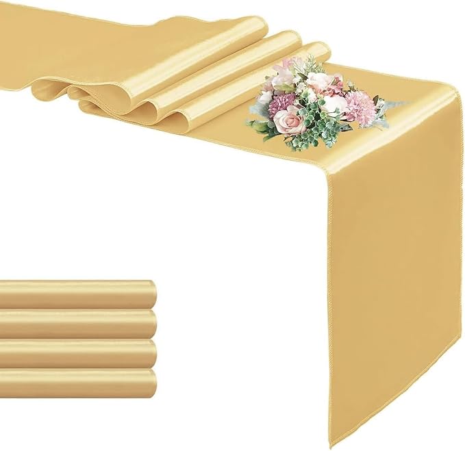 5-Pack Satin Table Runner Light Gold 12 x 108 Inch Long Silk Satin Table Runners for Wedding,Graduations,Engagements,Birthday Party and Banquet Decoration（5 Pack, 12x108 Inch, Light Gold）