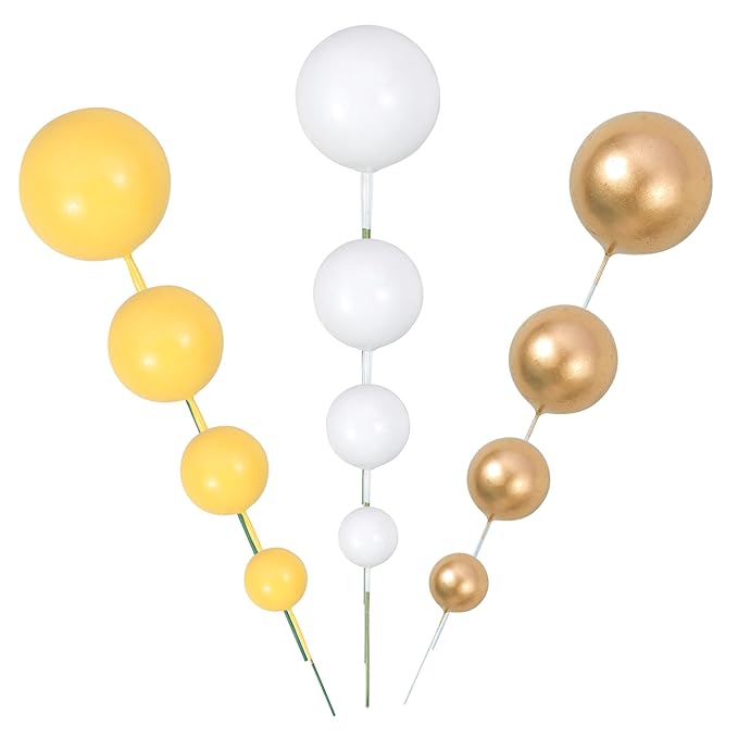 Gyufise 30Pcs Balls Cake Topper Mini Balloons Cupcake Topper DIY Cake Insert Topper Foam Cake Balls Baking Decoration for Wedding Anniversary Valentines Day Birthday Party Yellow Gold White
