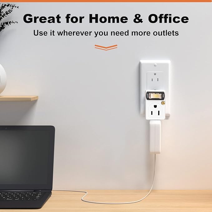 SYCON Adapter Outlet Extender with Night Light, Wall Outlet with Switch on off, Outlet Splitter with 2 Outlets