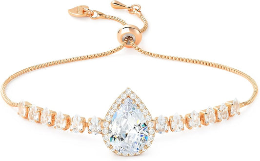 Linawe Crystal Imitation Diamond Rhinestone Charm Bracelets for Women, Gold/Silver/Rose Gold Adjustable Chain Bracelet, Teardrop Birthstone Cubic Zirconia Prom Costume Wedding Jewelry
