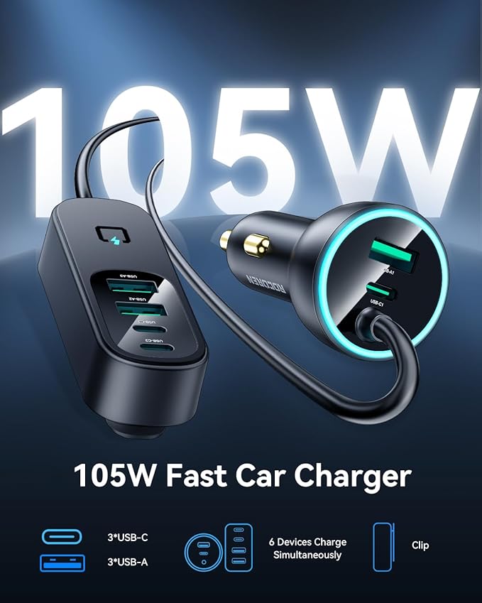 Rocoren 105W 6-Port Multiport Car Charger, PD Fast USB C Car Charger for Multiple Devices,Cigarette Lighter Adapter Car Travel Essentials for Road Trips with 5FT Cable,Car Accessories for iPhone 16/15