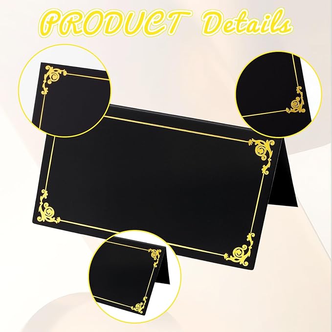 50-Pack Black Place Cards for Table Setting - Name Cards with Gold Foil Border for Weddings - 2'' x 3.5'' Folded Tents Table Sign for Buffet Banquet Party Wedding Events Celebrations