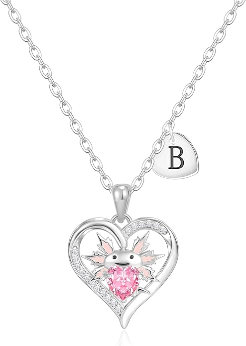 Macate Valentines Day Gifts for Her, 14K Gold Plated Heart Initial Pendant Axolotl Necklace Gold/silver Necklace Valentines Day Birthday Gifts for Women Teen