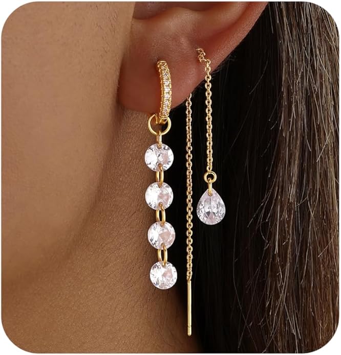 Dangle Earrings For Women Trendy 14K Gold Plated Drop Silver Long Dangling Dainty CZ Simple Hanging Jewelry