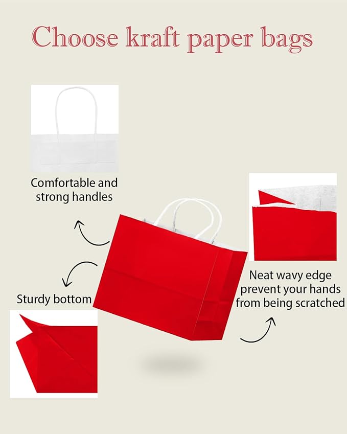 qiqee 100PCS Large Gift Bag with Handles Bulk 13"x4.5"x10" Gift Bags Red Multiple Uses (32x11x25cm,Wide Large)