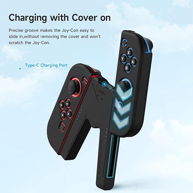JINGDU Switch JoyCon Charging Grip Compatible with Nintendo Switch Standard & OLED Model, Play While Charging, Portable VShaped JoyCon Controller Charger with Charge Cable | 2PCS | Black