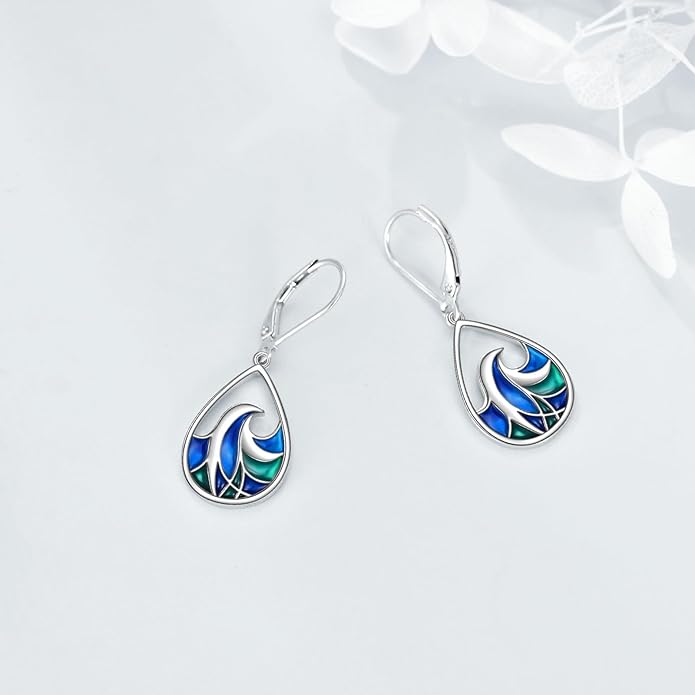 925 Sterling Silver Wave Leverback Dangle Earrings Enamel Leverback Earring Jewelry for Women Birthday Gifts
