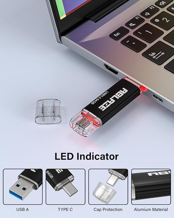 ABLAZE USB C Flash Drive 64GB 2 Pack, Dual USB 3.0+Type C Flash Drive Compatible with iPhone 16/15, Android Smartphone, Computer,Tablet Mac Laptop (2 Pack)
