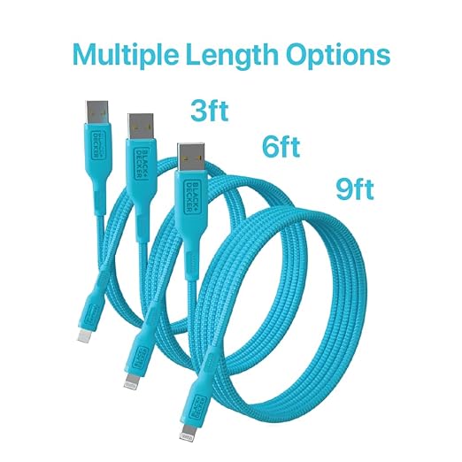 BLACK+DECKER Lightning to USB Cable - Fast Compatible iPhone Lightning Cable - Durable Braided iPhone Charger Cord - for Travel and Daily Use - Multiple Color + Length Options - 3ft