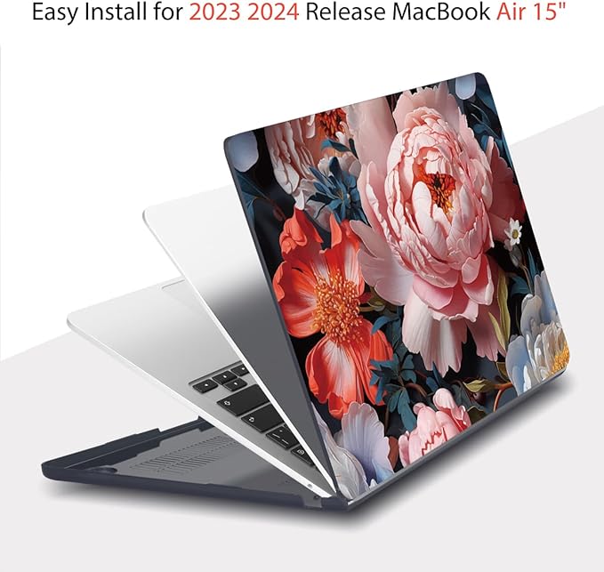 Teryeefi Compatible with MacBook Air 15 inch Case Release 2023 2024, Fits Model A3114/A2941,Design Pattern Slim Cover + Keyboard Cover + OTG Adapter for 15.3 inch MacBook Air M2 M3, Colorful Peonies