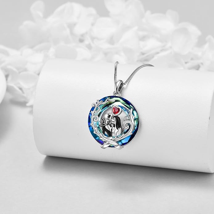 LILALO Nightmare Necklace Sterling Silver Abalone Shell Crystal Jack and Sally Necklace Jack Skellington Skull Jewelry Skull Necklaces for Women