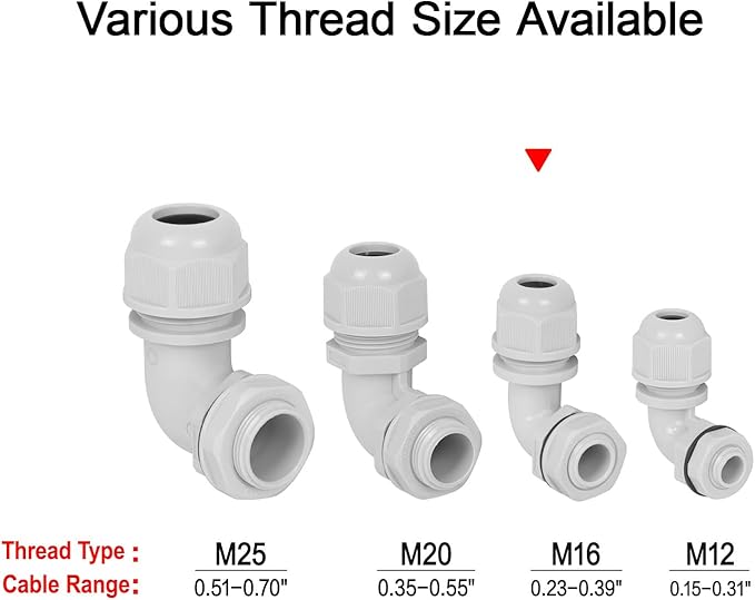 LeMotech M16 Cable Gland, 90 Degree Adjustable 6-10mm Strain Relief, Cord Connectors Nylon Joints with Gaskets, 2 Pcs, Grey