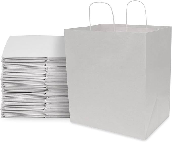 Prime Line Packaging White Gift Bags, Kraft Paper Bags Large with Handles for Small Business, Boutiques, Merchandise, Party Favors, Bulk, 14x10x16.5, 50 Pack
