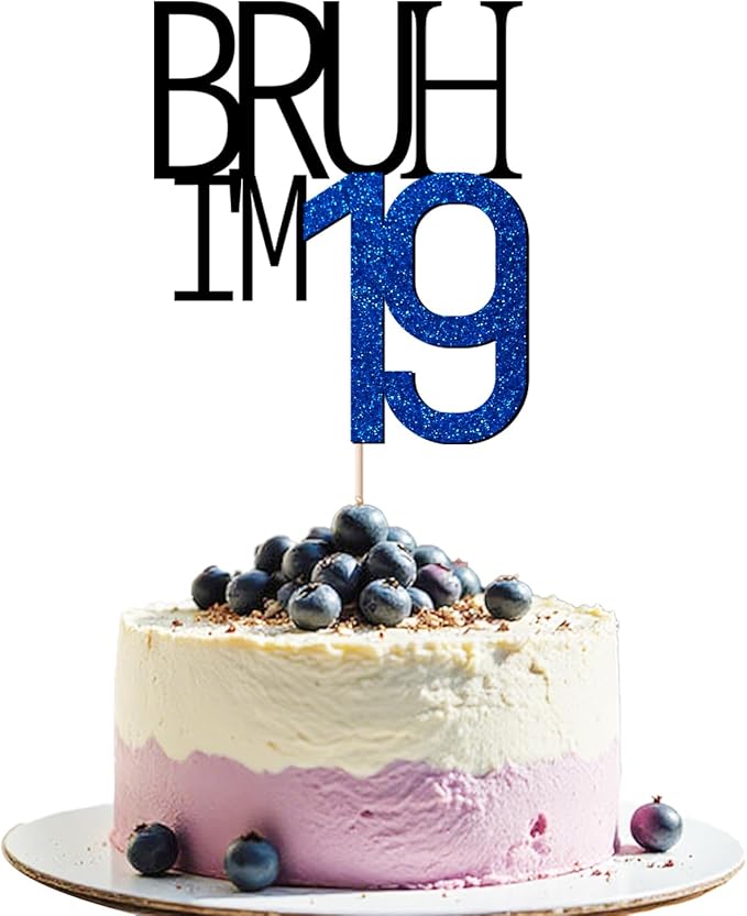 Bruh I'm 19 Cake Topper - Bro I'm 19, Happy Sweet 19 Ornament for Boys' 19th Birthday Party Supplies (blue 19)