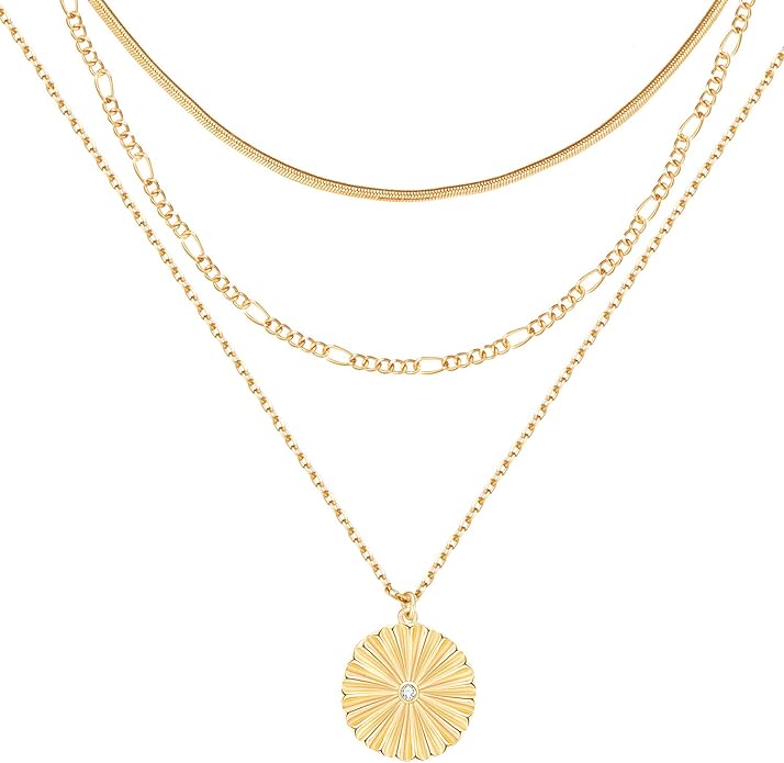 LANE WOODS Gold Plated Necklaces for Women - Multilayer Coin Medallion Pendant Necklace Adjustable Layering Choker Necklaces Chain Set Jewelry