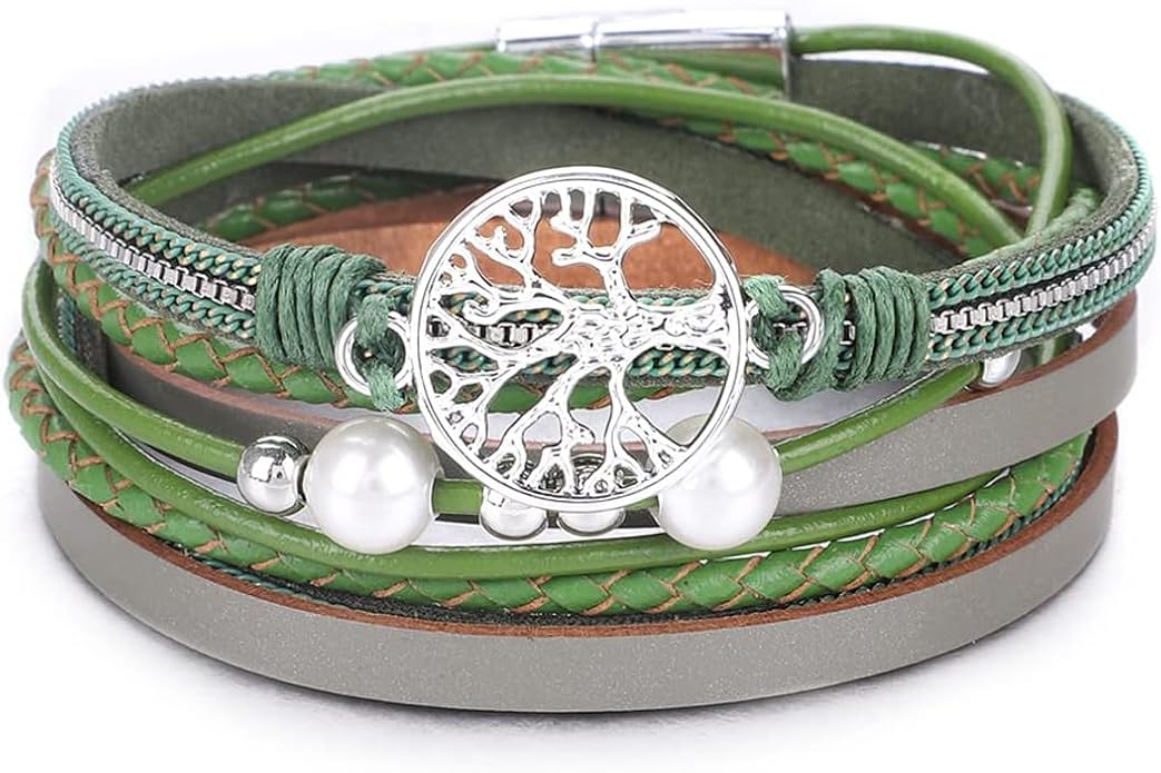 KSQS Tree of Life Leather Multi-Layer Wraps Bracelet,Boho Wide Buckle Wristband Bangle,Braided Cuff Bracelets for Women