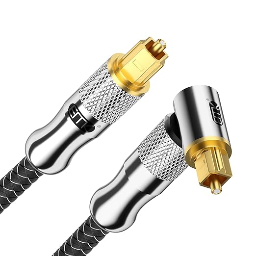 EMK Premium 24K Gold-Plated Right Angle Optical Cable – 90° Toslink to Toslink (1.5M/5Ft), 360° Rotatable for Soundbars, TVs & Home Theater