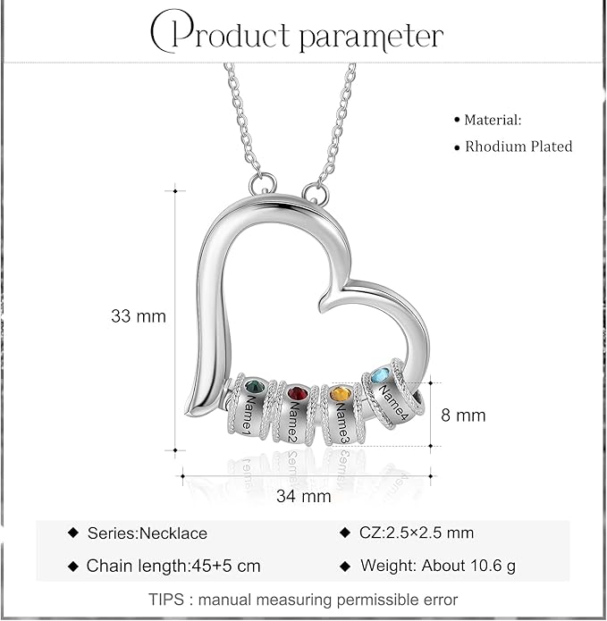 Personalized Women's Pendant Necklace 925 Sterling Silver with 1-5 Simulated Birthstone Names Customized Heart Shape Cubic Zirconia Necklace