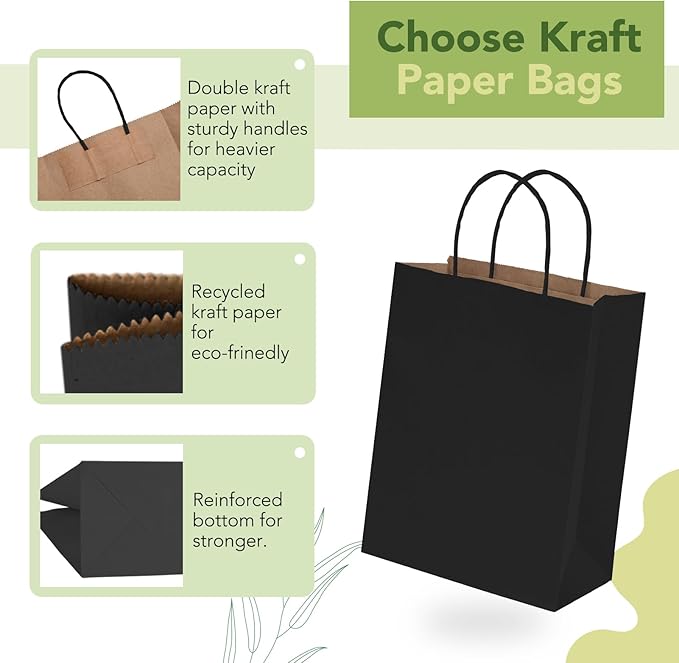 MESHA 8x4.25x10.5 Inch Black Kraft Paper Gift Bags with Handles, 50 Pack Recycled Reusable Shopping Bags Bulk for Craft Wedding Party Favors Retail Grocery Birthday Business