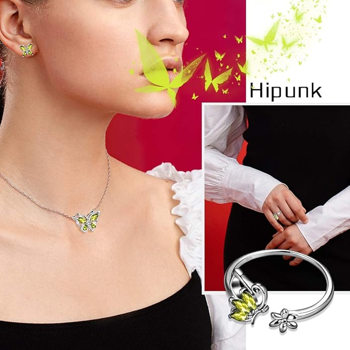 925 Sterling Silver Birthstone Butterfly Jewelry Women Crystal Animal Cute Butterflies Birthday Necklace/Earring/Ring/Bracelet Sets Birth Stone Statement Anniversary Jewellery