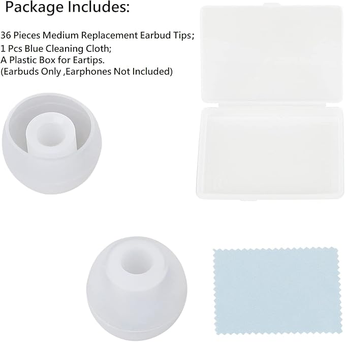 36 Pieces Medium Earbud Tips Soft and Comfortable Ear Bud Replacement Pieces Silicone Fit Most in-Ear Headphones，Inner Hole 3.8mm -5.5mm，Medium Clear White Replacement Eartips
