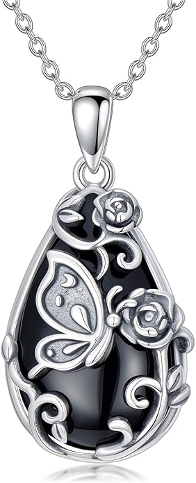 Black Onyx Necklace 925 Sterling Silver Flower Insect Pendant Teardrop Onyx Jewelry Valentines Day Birthday Gifts for Women