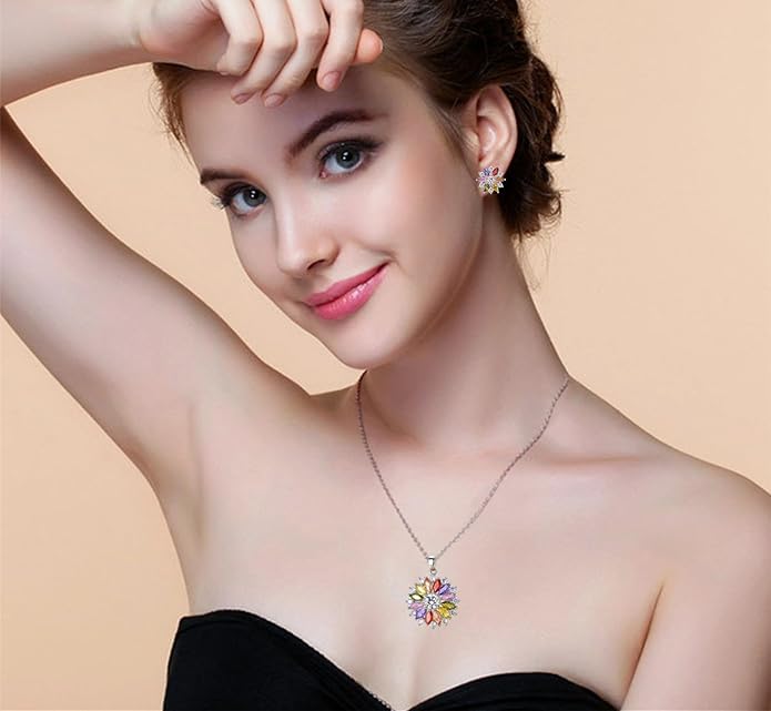 VONSSY Colorful Snowflake Pendant Necklace Earrings Rose Gold 5A Cubic Zirconia | Crystal Sweater Chain | Multi Gemstone Garnet Amethyst Morganite Peridot Prom Rhinestone Necklaces for Women Vintage Stylish Gift