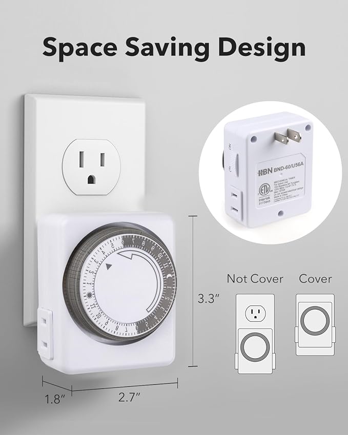 HBN Outlet Timer for Electrical Outlets Indoor, 24 Hour Mechanical Light Timers for Lamps, Dual 2-Prong Plug-in Outlets, 15-Minute Intervals, Heavy Duty Daily Cycle, 1 Pack