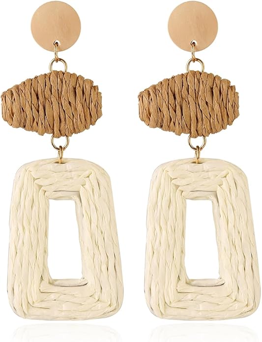 Handmade Raffia Hoop Earrings Statement Tropical Bohemian Straw Dangle Earrings Natural Rattan Vacation Style Round Earrings for Women Summer Beach Party Essential Jewelry