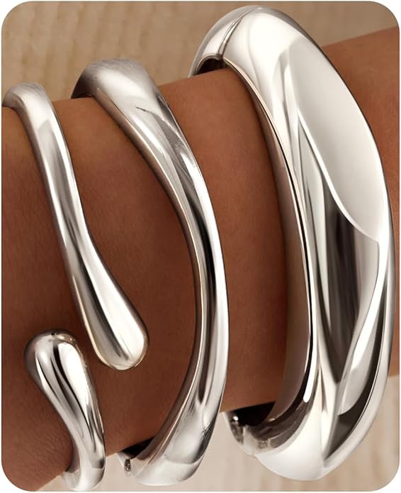 Chunky S925 Sterling Silver Plated Bangle Bracelets Stack for Women, Thick Statement Silver Plated Stackable Bangle Cuff Bracelets Set,Trendy Big Large Gold Bracelet Stacked Fashion Jewelry Gifts Non Tarnish
