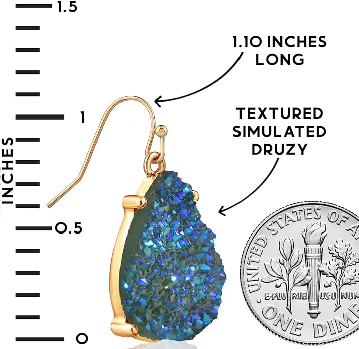 Teardrop Dangle Earrings for Women with Simulated Druzy Stones in Gold or Silver Tone