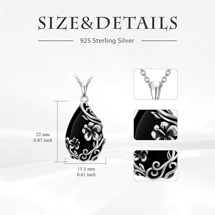 Black Onyx Necklace 925 Sterling Silver Flower Insect Pendant Teardrop Onyx Jewelry Valentines Day Birthday Gifts for Women
