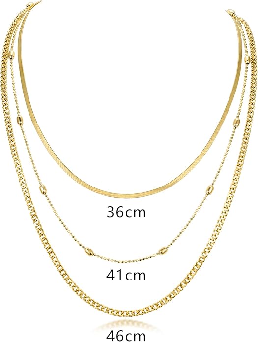 Layered Gold Necklaces for Women Trendy 18K Gold Plated Stainless Steel Waterproof Stackable Triple Chain Necklace Gold Jewelry for Daily Wear