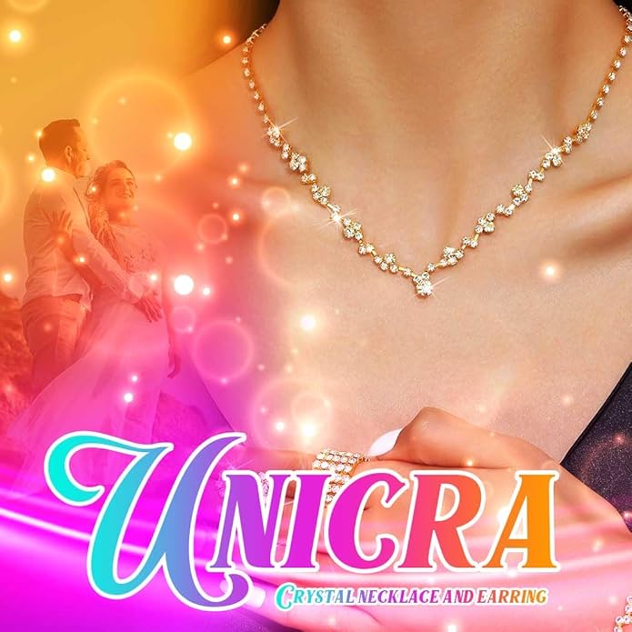 Unicra Bride Crystal Necklace Earrings Set Bridal Wedding Jewelry Sets Rhinestone Choker Necklace Costume Jewelry Set for Women and Brides (3 piece set - 2 earrings and 1 necklace)